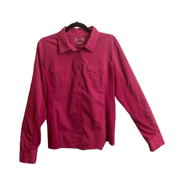 Merrell Women Size M Fuchsia Long Roll Tab Sleeve Button Up Hiking Travel Shirt - Picture 1 of 14